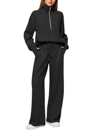 Women's Cotton Two-Piece Oversized Half-Zip Sweatshirt Wide Leg Sweatpants Casual Suit