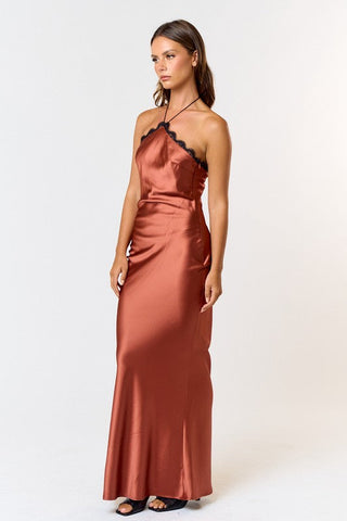 Love In Your Life Satin Rust Brown Halter Maxi Dress