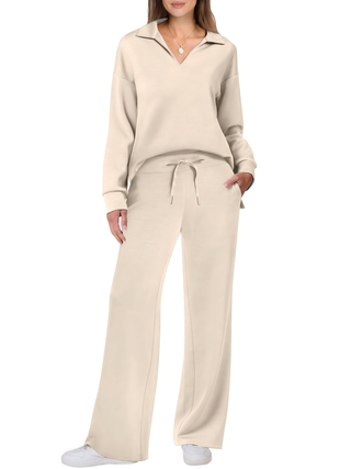 Women's Cotton Two-Piece Oversized Half-Zip Sweatshirt Wide Leg Sweatpants Casual Suit