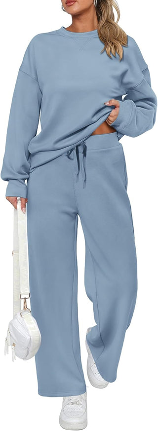 Women's Cotton Two-Piece Oversized Half-Zip Sweatshirt Wide Leg Sweatpants Casual Suit