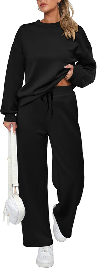 Women's Cotton Two-Piece Oversized Half-Zip Sweatshirt Wide Leg Sweatpants Casual Suit