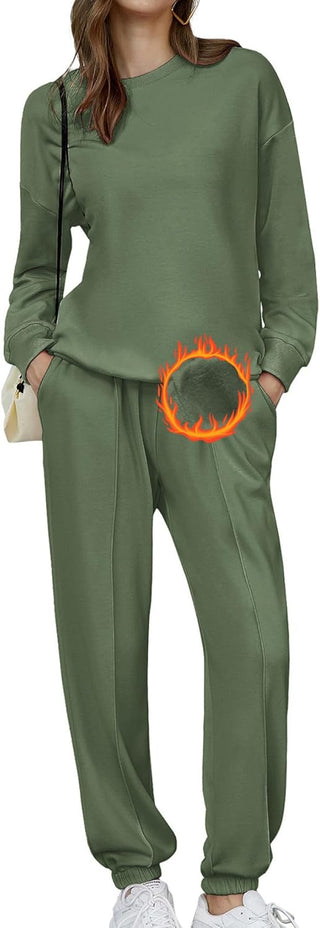 🎄Christmas Clearance🔥Women's Two-Piece Oversized Fleece Sweatsuit Outfit Winter Sherpa Lined Sweatshirt and Sweatpants Sets