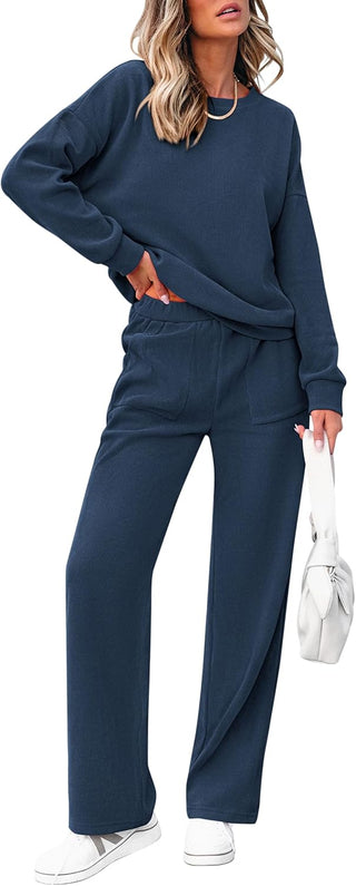 Women's Cotton Two-Piece Oversized Half-Zip Sweatshirt Wide Leg Sweatpants Casual Suit