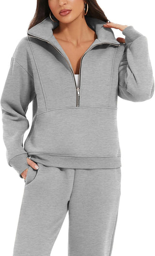 NEW🔥Women's 2 Piece Outfit Fleece Half Zip Sweatshirt Joggers Pants Set Tracksuit Sweatsuit