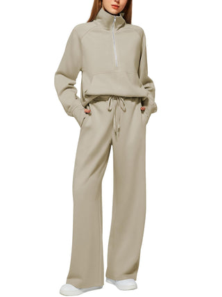 Women's Cotton Two-Piece Oversized Half-Zip Sweatshirt Wide Leg Sweatpants Casual Suit