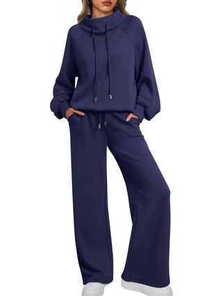 NEW 🔥 Women's Cotton Two-Piece Oversized Round NeckDrawstring Sweatshirt Wide Leg Sweatpants Casual Set