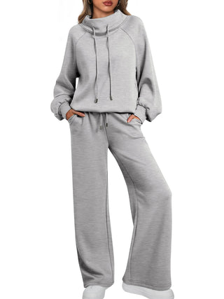 NEW 🔥 Women's Cotton Two-Piece Oversized Round NeckDrawstring Sweatshirt Wide Leg Sweatpants Casual Set